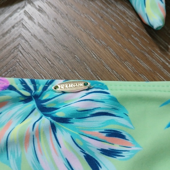 NWT Kamoni Bikini Green Floral Print Scoop Neck Bowknot Front   Sz L - Picture 5 of 14